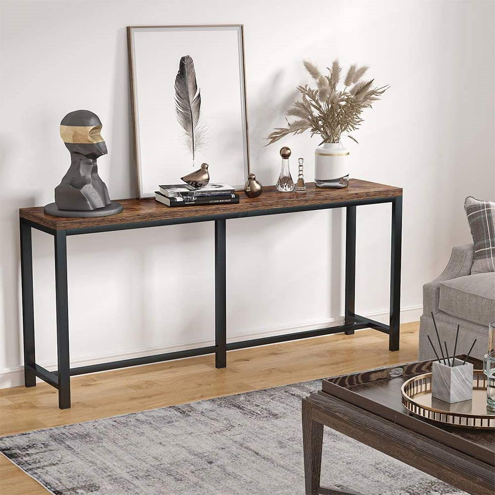 70-inch Long Narrow Hallway Sofa Table with Wood Top and Black Metal Frame