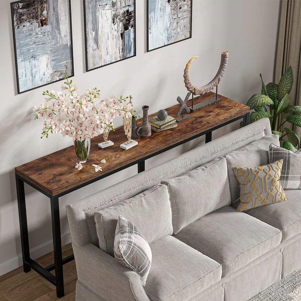 70-inch Long Narrow Hallway Sofa Table with Wood Top and Black Metal Frame