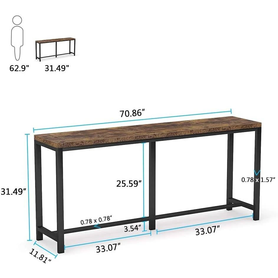 70-inch Long Narrow Hallway Sofa Table with Wood Top and Black Metal Frame