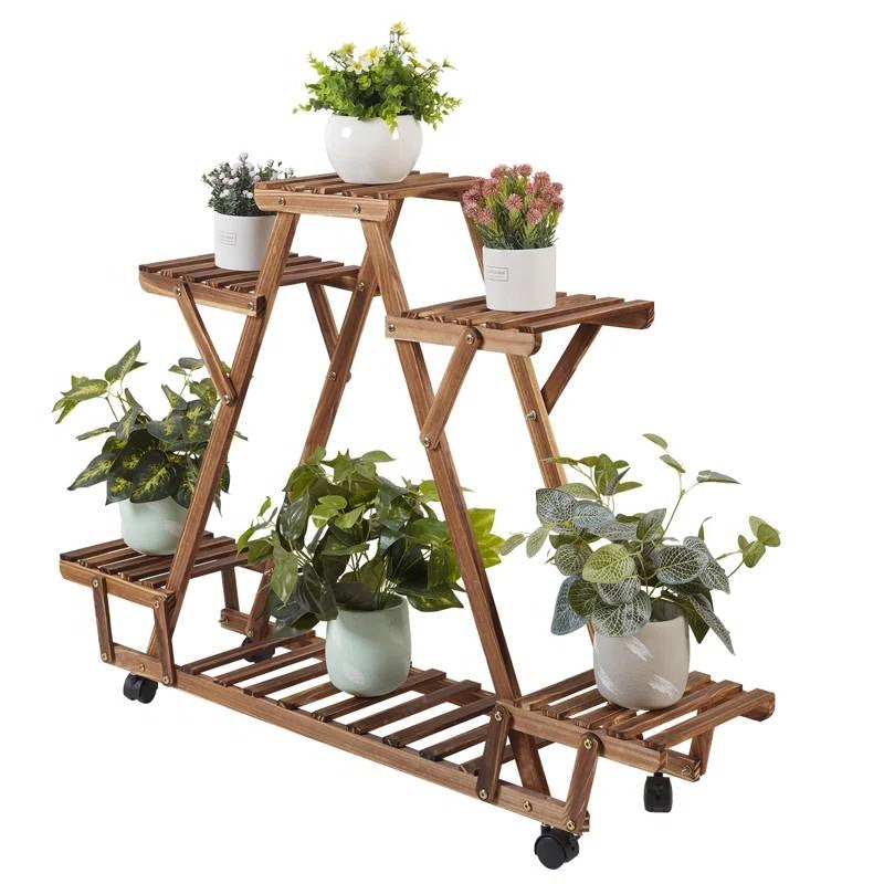 Indoor Outdoor Solid Wood Triangular Multi-Tier Plant Stand with Locking Wheels
