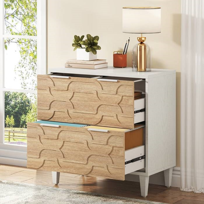 Modern Natural/White Wood 2 Drawer Filing Cabinet Printer Stand