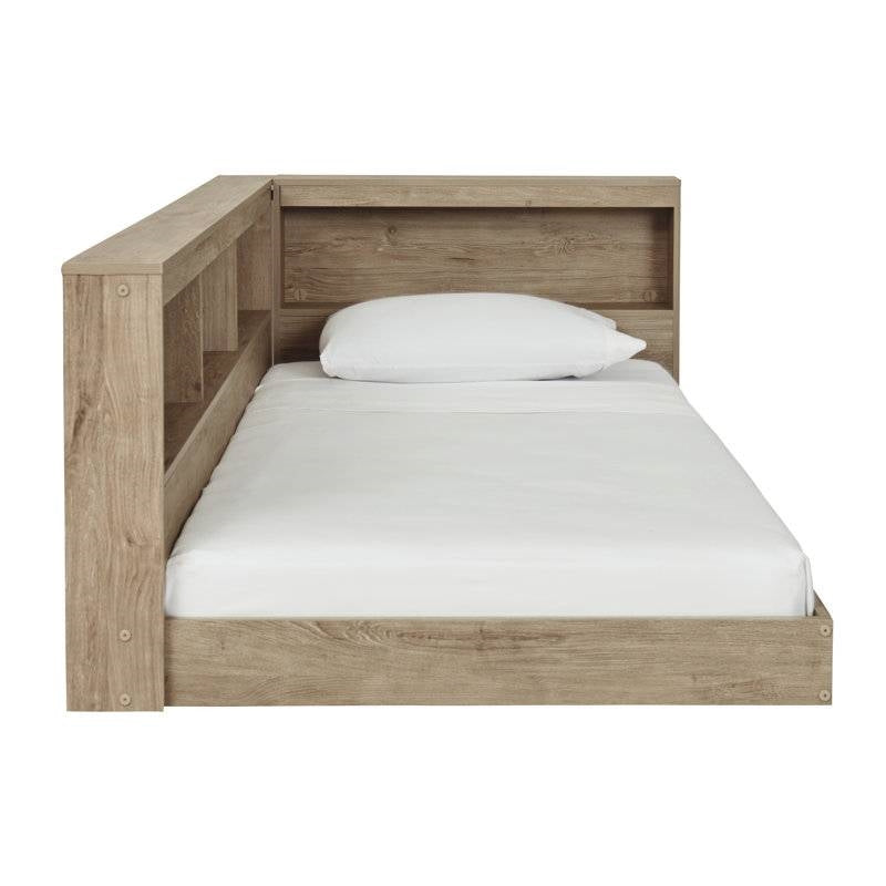 Twin size Natural Wood Corner Storage Bed with Bookcase Headboard and USB Ports