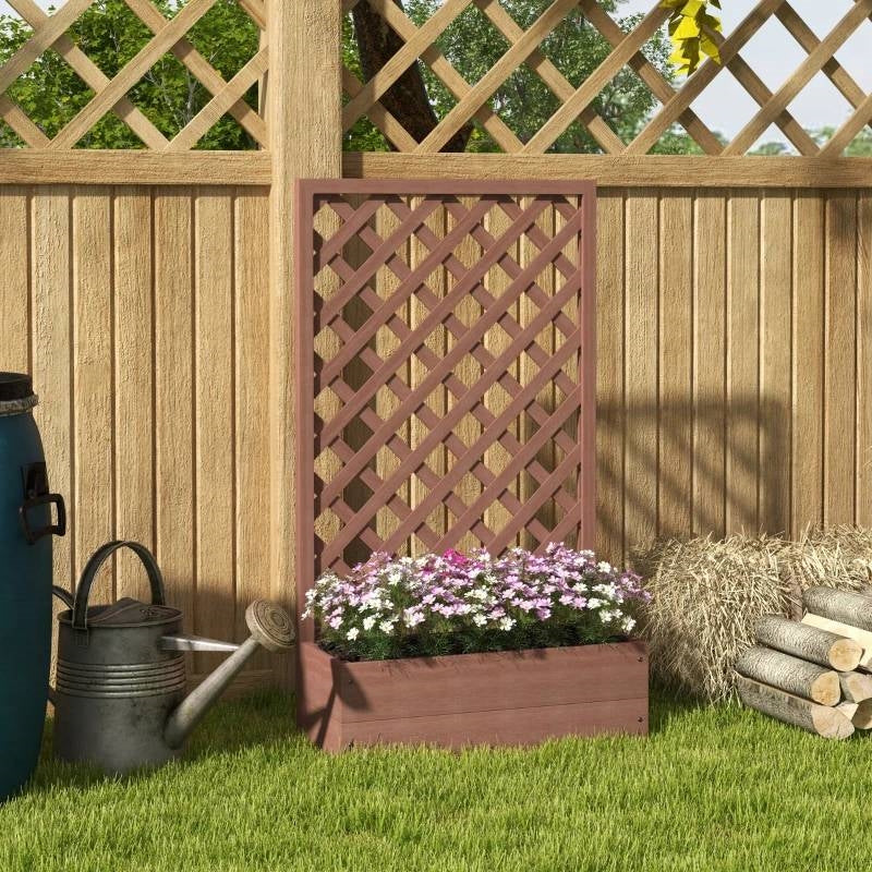 Outdoor Brown Wooden Raised Garden Bed Planter Box with Lattice Trellis