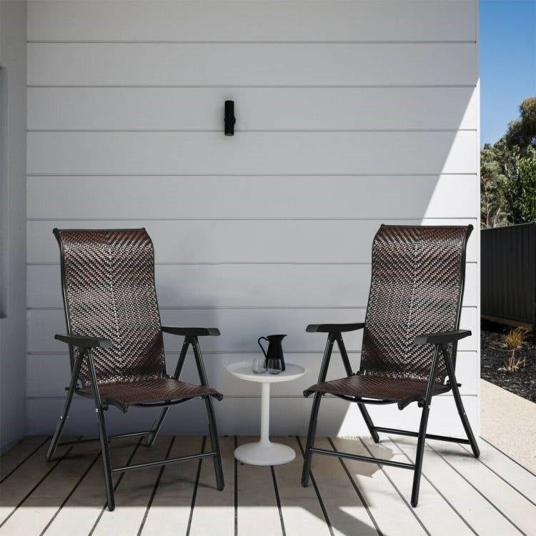 Outdoor Folding Steel Frame Rattan Patio Chair with Armrest in Brown