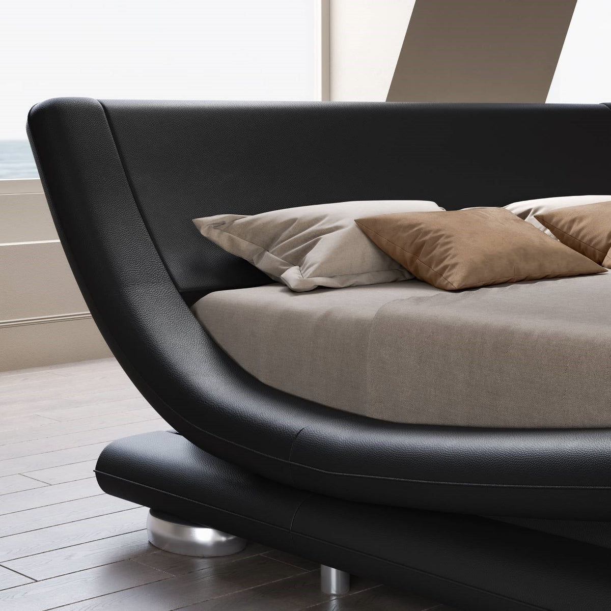 Queen Modern Black Upholstered Platform Bed Frame with Sleigh Curved Headboard