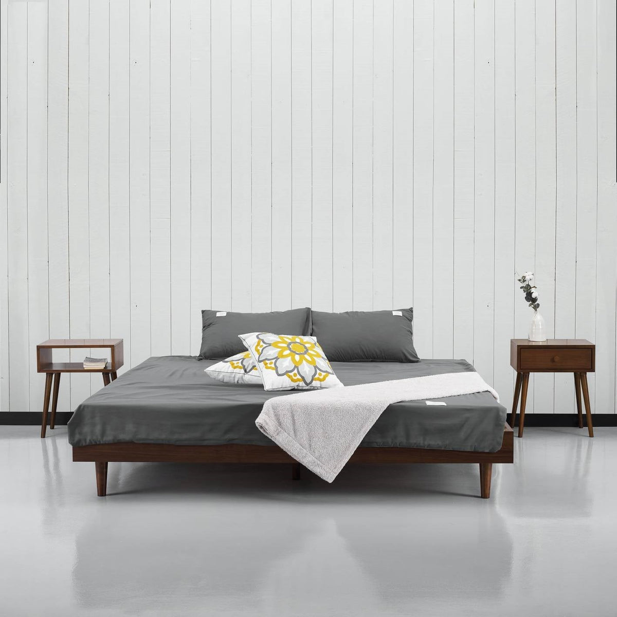 Queen size Mid-Century Modern Platform Bed Frame in Dark Brown Wood Finish