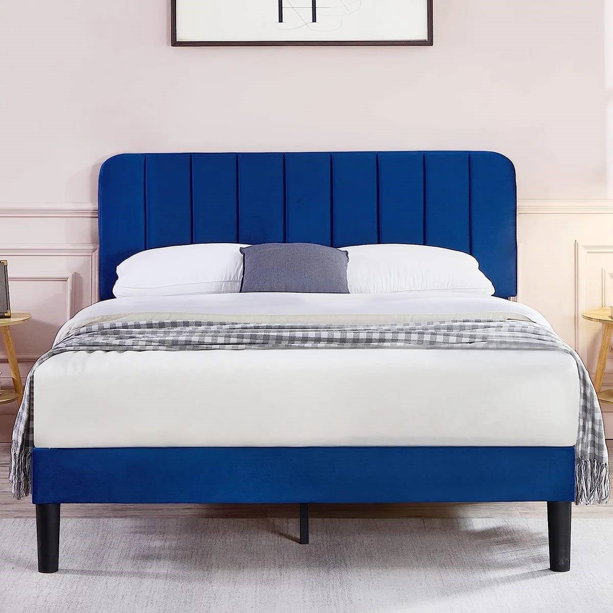 Queen size Blue Upholstered Platform Bed Frame with Headboard