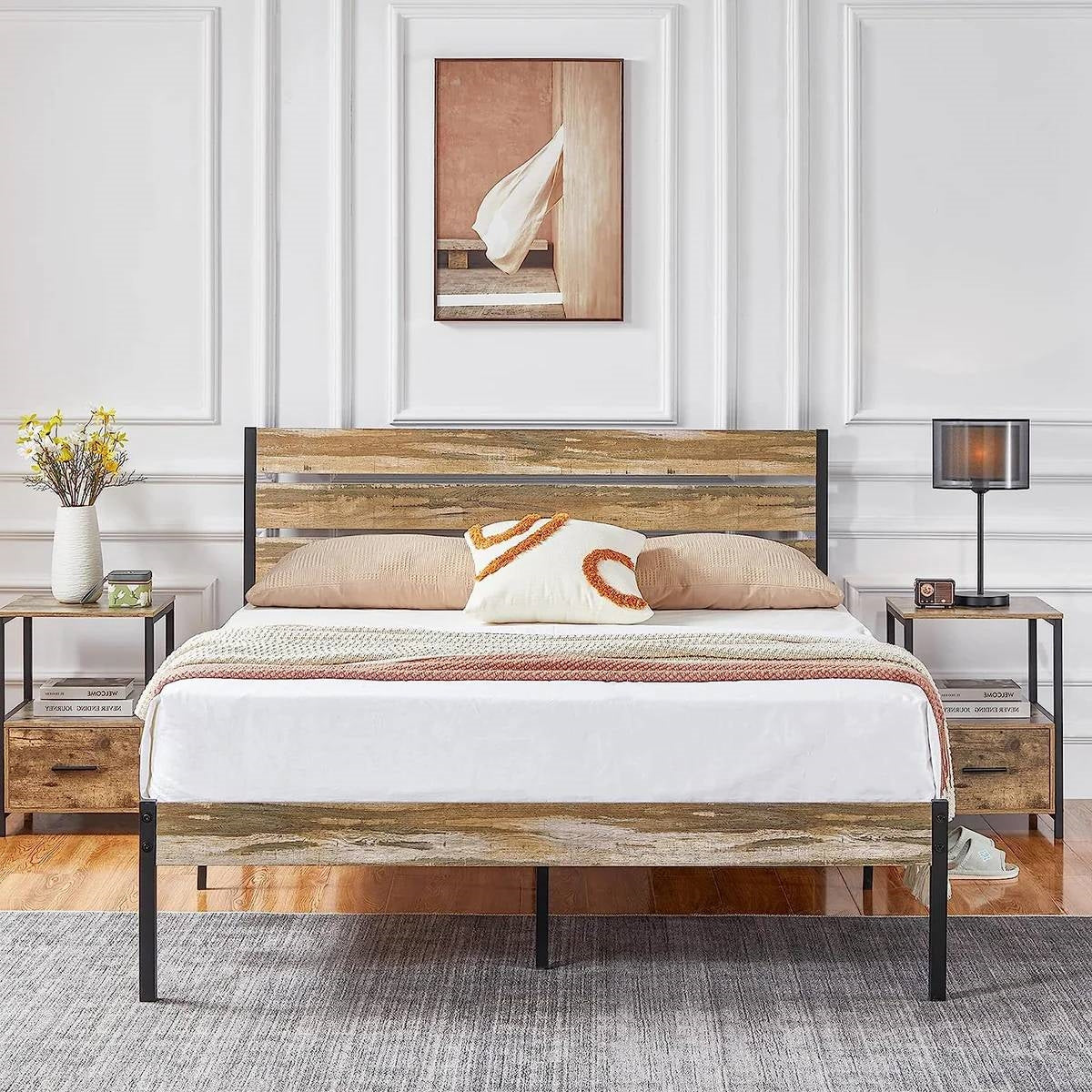 Queen Industrial Farmhouse Rustic Wood Metal Platform Bed Frame with Headboard