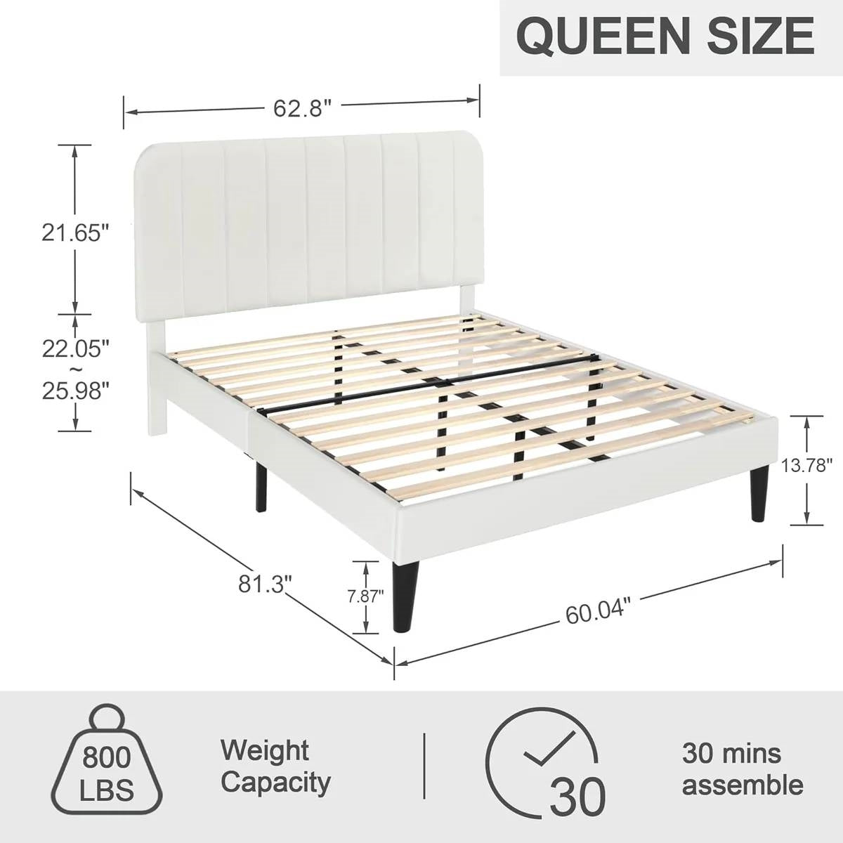Queen size White Upholstered Platform Bed Frame with Headboard