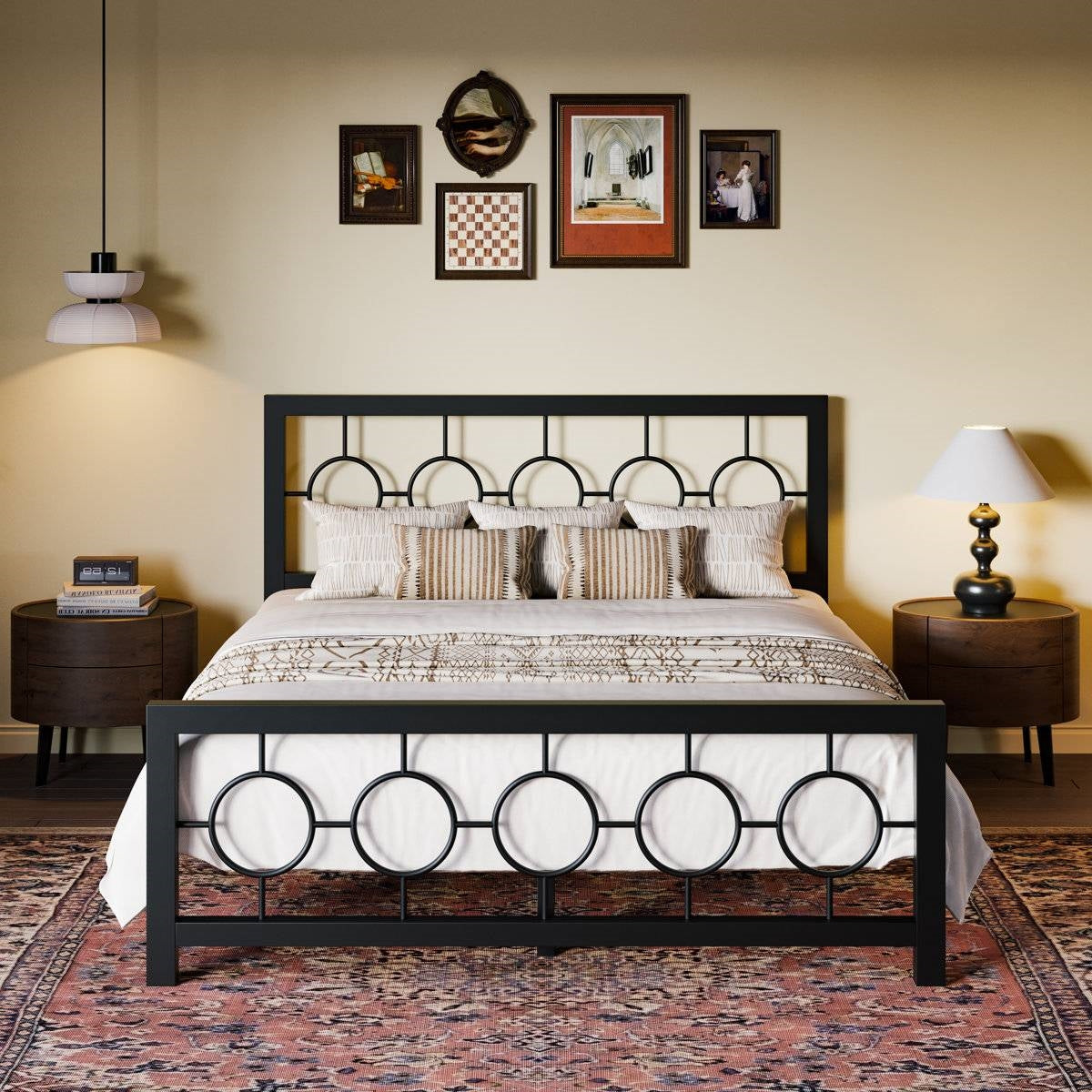 Queen Black Metal Platform Bed Frame with Circle Medallion Headboard Footboard