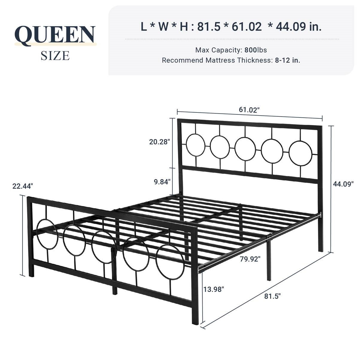Queen Black Metal Platform Bed Frame with Circle Medallion Headboard Footboard