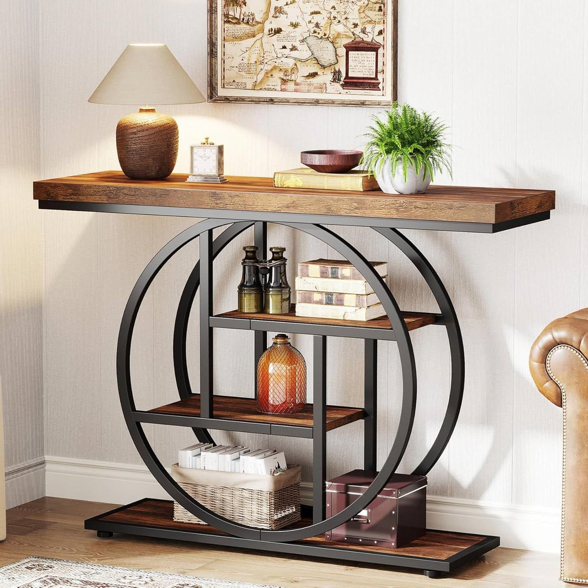 Modern Industrial 41-inch Long Narrow Entryway Foyer Console Table with Shelves