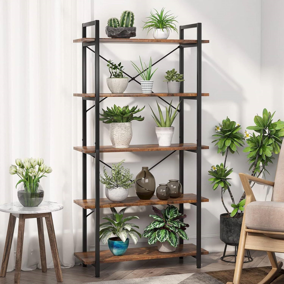 Modern Industrial 5-Shelf Bookcase with Sturdy Metal Frame and Wooden Shelves