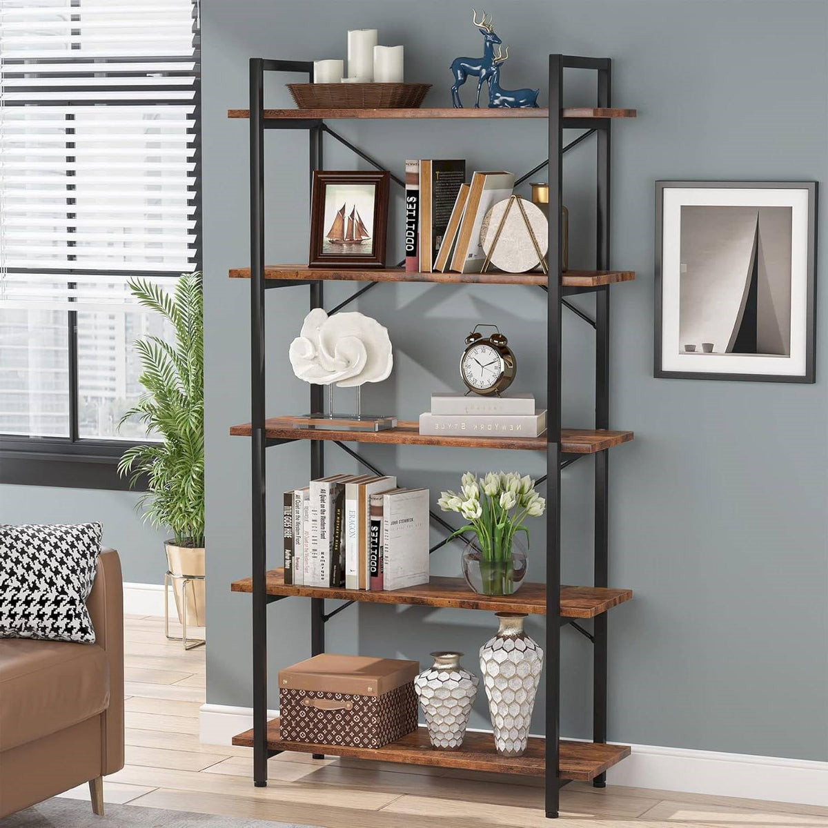 Modern Industrial 5-Shelf Bookcase with Sturdy Metal Frame and Wooden Shelves