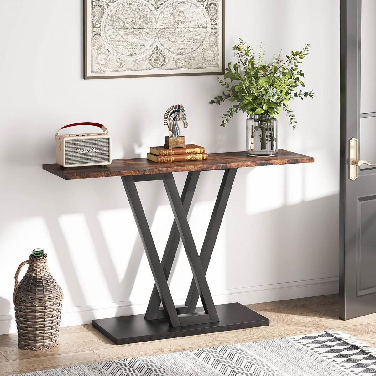 Modern 43-inch Narrow Entryway Table with Brown Wood Top and Black Metal Frame