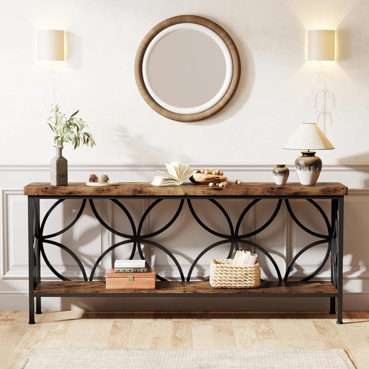 Modern 70-inch Long Narrow Console Sofa Table with Brown Wood Top and Shelf