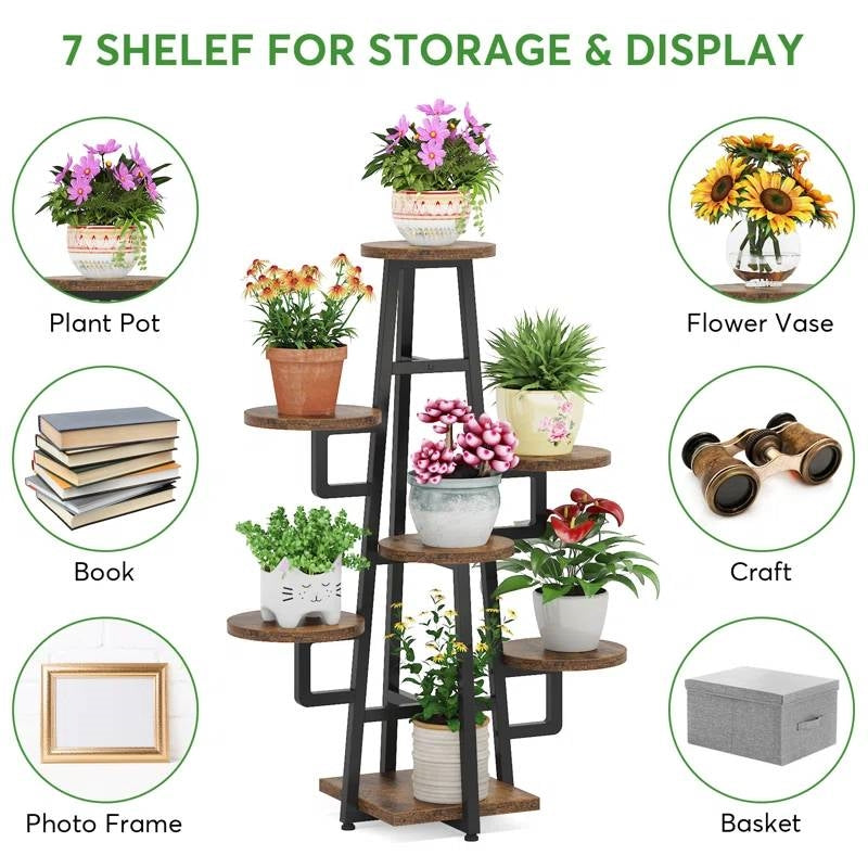 Modern Indoor Multi-Tier Plant Stand with Black Metal Frame and Wood Shelves