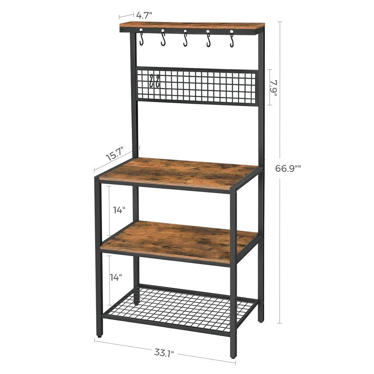 Black Metal Kitchen Baker's Rack Microwave Stand with Wood Storage Shelves