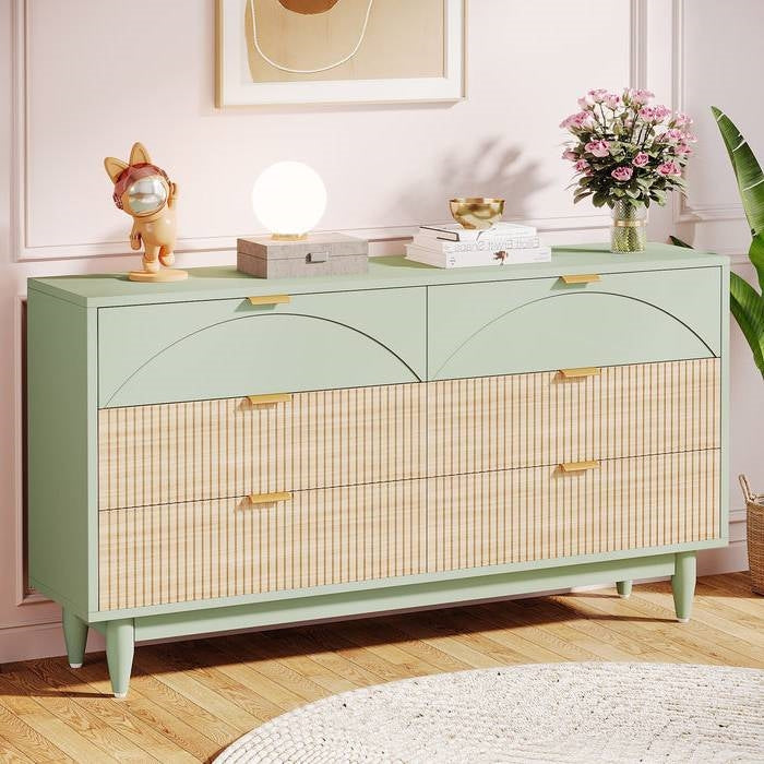 Retro Mid-Century Modern 6 Drawer Dresser Chest of Drawers in Mint Green