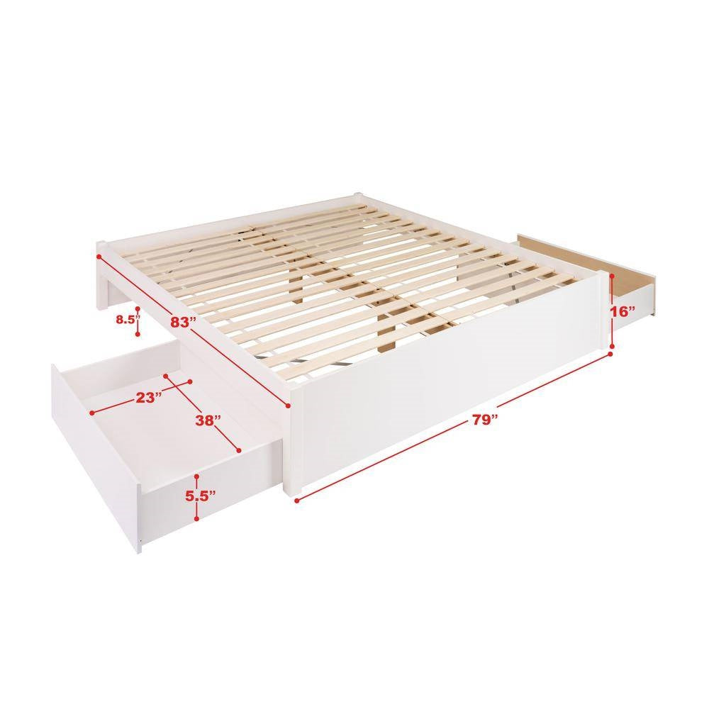King Size 4 Drawer Storage White Wooden 4 Post Platform Bed Frame