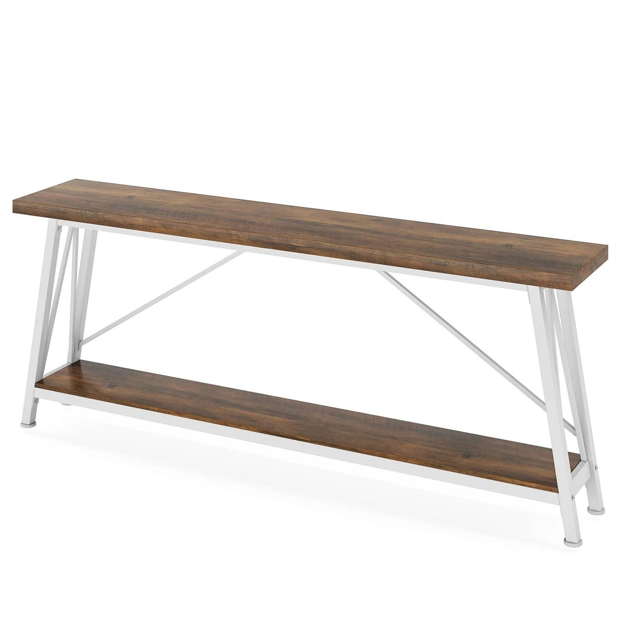Heavy Duty 70-inch Industrial Brown Wood Top Sofa Table with White Metal Frame
