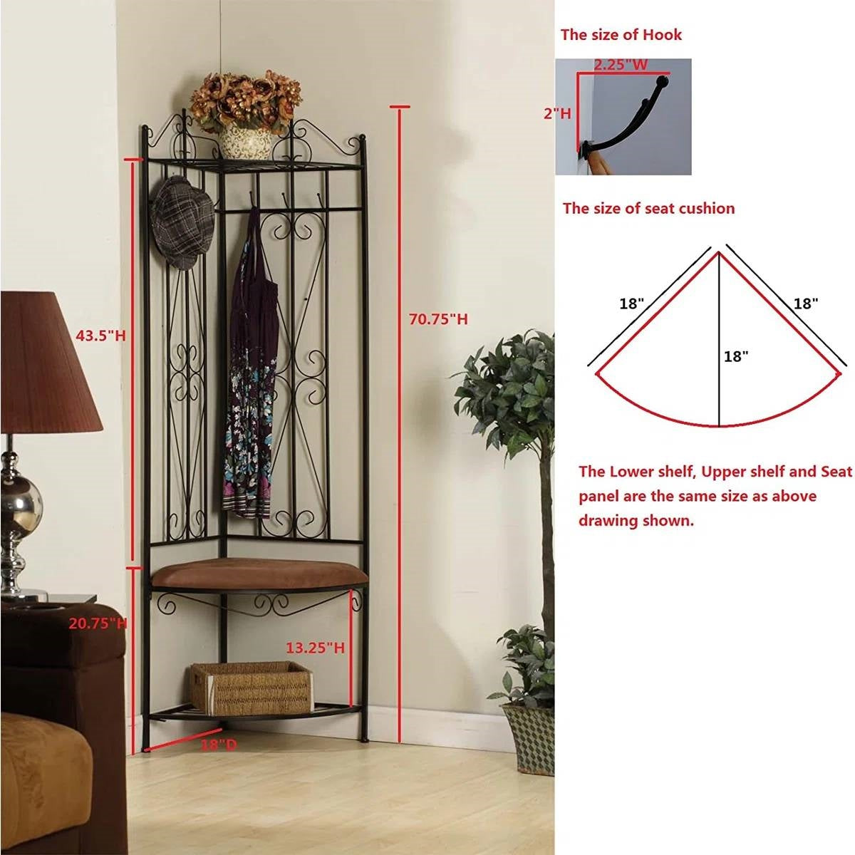Black Metal Scrolling Corner Hall Tree Coat Rack Storage Bench