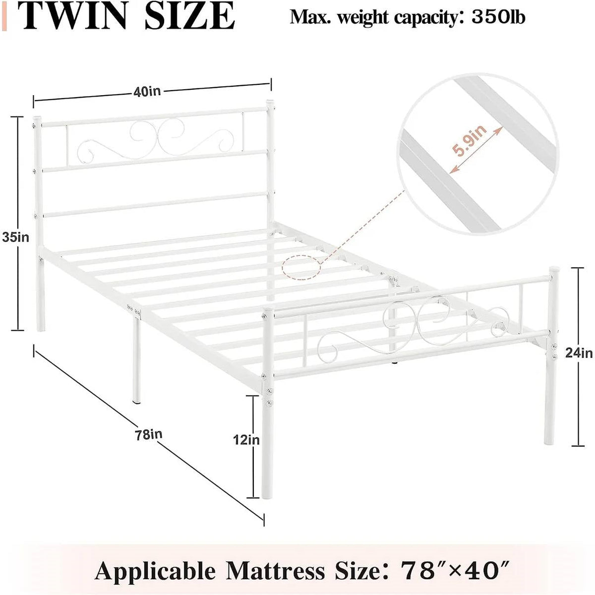 Twin size White Metal Platform Bed Frame with Headboard and Footboard