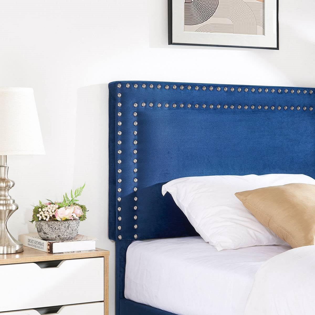 Set of 2 - Twin Dark Blue Upholstered Platform Bed with Nailhead Trim Headboard