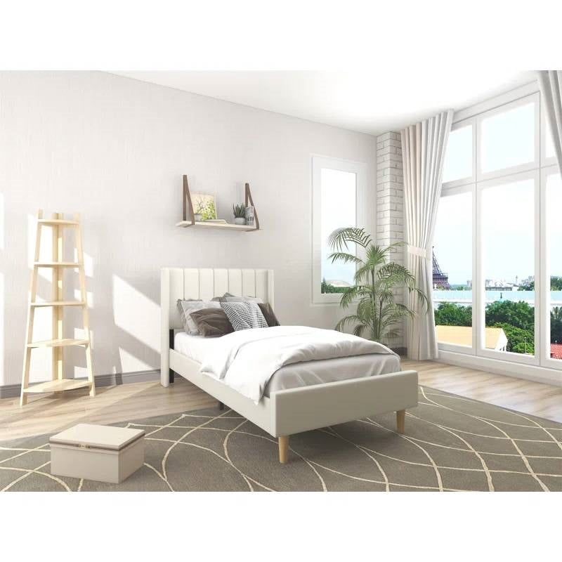 Twin size Mid-Century Platform Bed Frame with Cream Velvet Upholstered Headboard