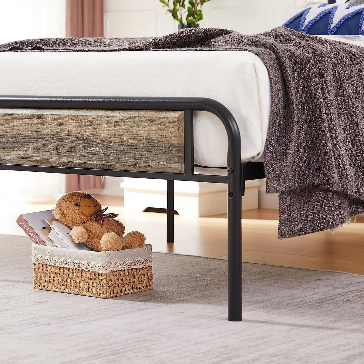 Twin Grey Wood Metal Platform Bed Frame with Rounded Headboard Footboard