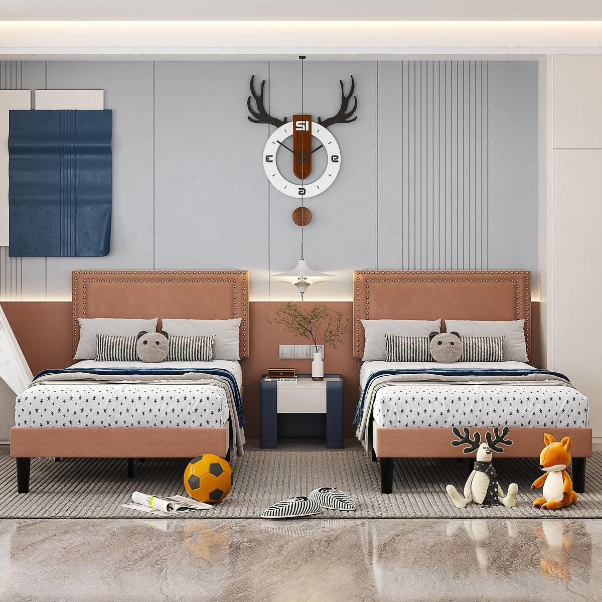 Set of 2 - Twin size Brown Tan Tufted Upholstered Platform Bed with Headboard