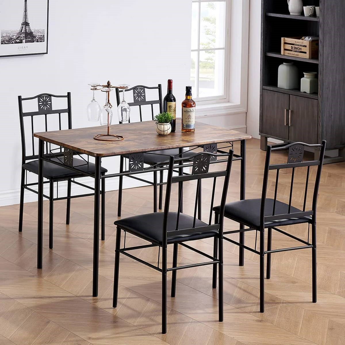 Farmhouse 5-Piece Dining Set with Wood-Top Table and 4 Cushioned Chairs