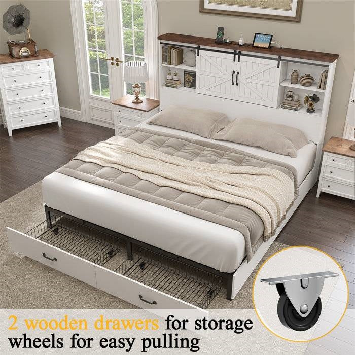 Queen White Farmhouse Platform Bed with Bookcase Headboard and Storage Drawers