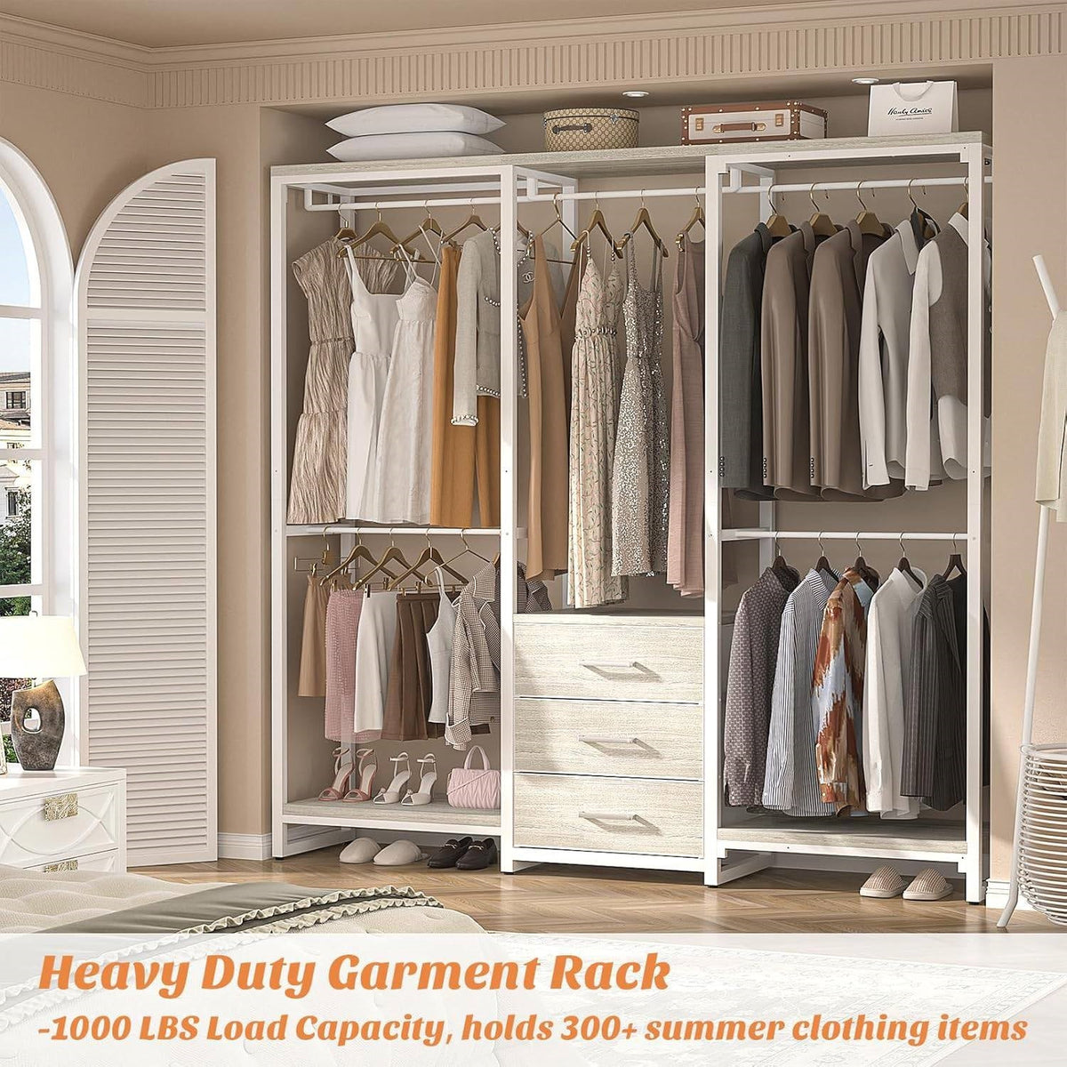 Heavy Duty White Metal Freestanding Garment Rack Closet Wardrobe with 3 Drawers