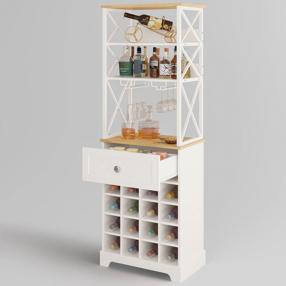 White/Natural Wine Bottle & Glass Rack Cabinet Bar Storage