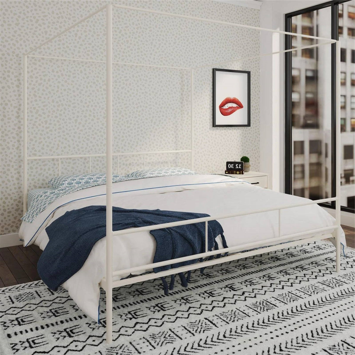 King size Modern Metal Canopy Bed Frame with Headboard and Footboard in White