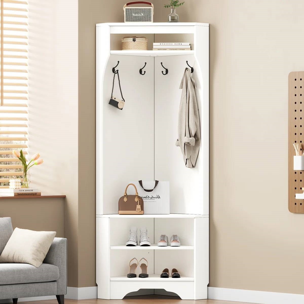 Modern White Corner Hall Tree Coat Rack Entryway Storage Cabinet Shoe Bench