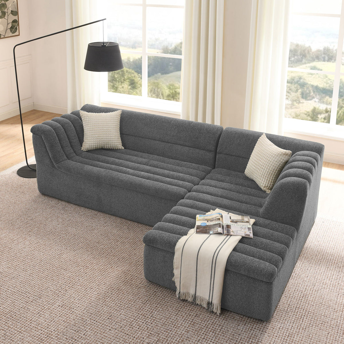 Upholstered L-Shaped Modular Sectional Sofa With Chaise, Wave-Shaped Armrest