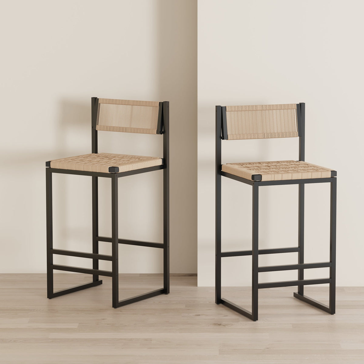 Kitchen Bar Stools with Footrest Set of 2 Paper Rope Weave Dining Chairs