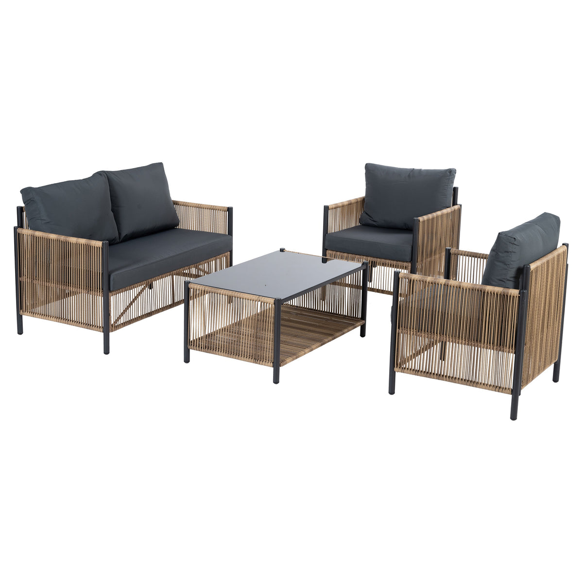 Patio 4-Piece Brown PE Wicker Sofa Set with Grey Cushions