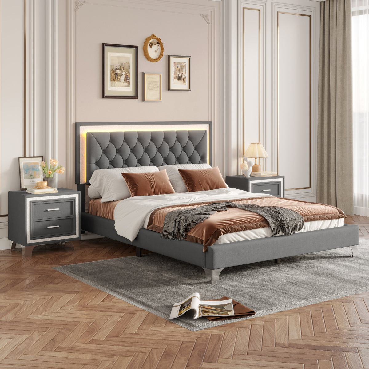 3-Pieces Bedroom Set, Queen Size Upholstered Platform Bed with LED Lights and Two Nightstands - Gray