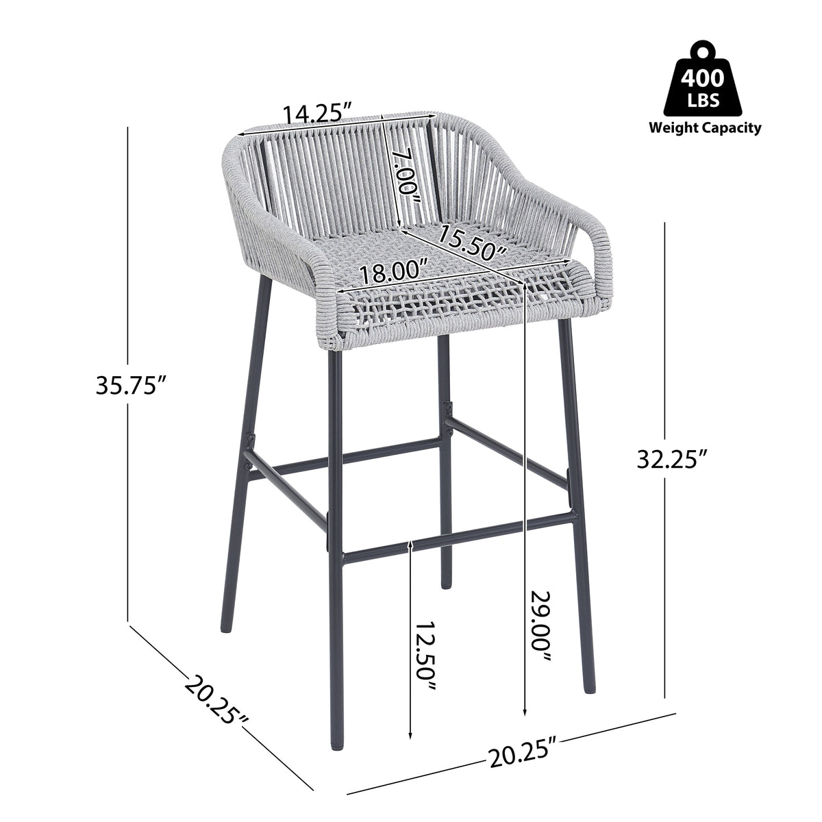 La Push Outdoor Patio Light Gray Rope Bar Stool, Set of 2