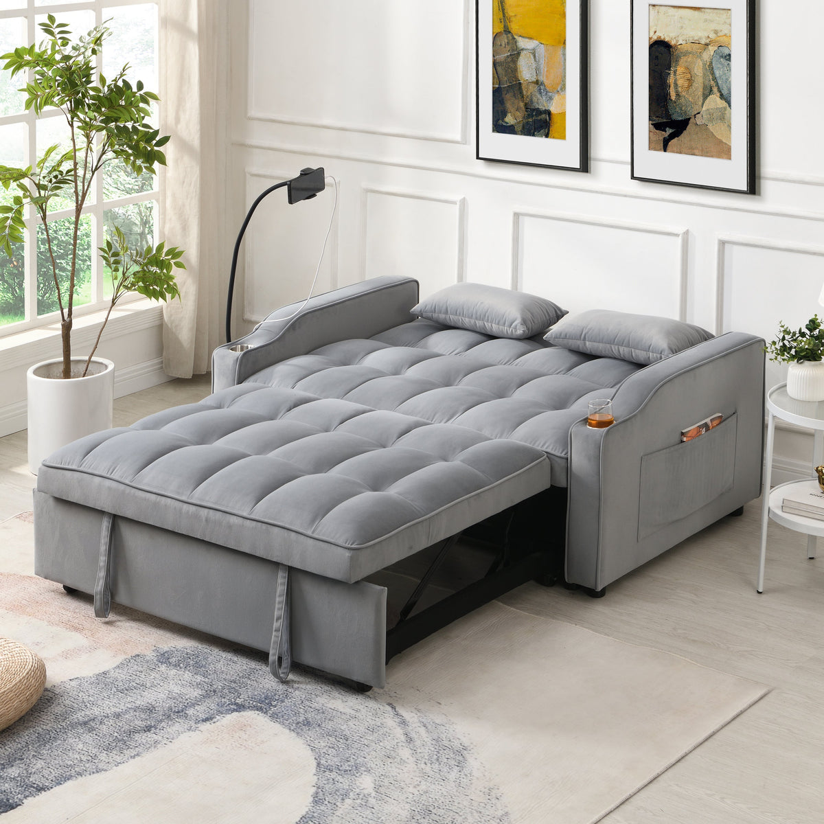 Modern Velvet Loveseat Futon Sofa Couch with Pullout Bed