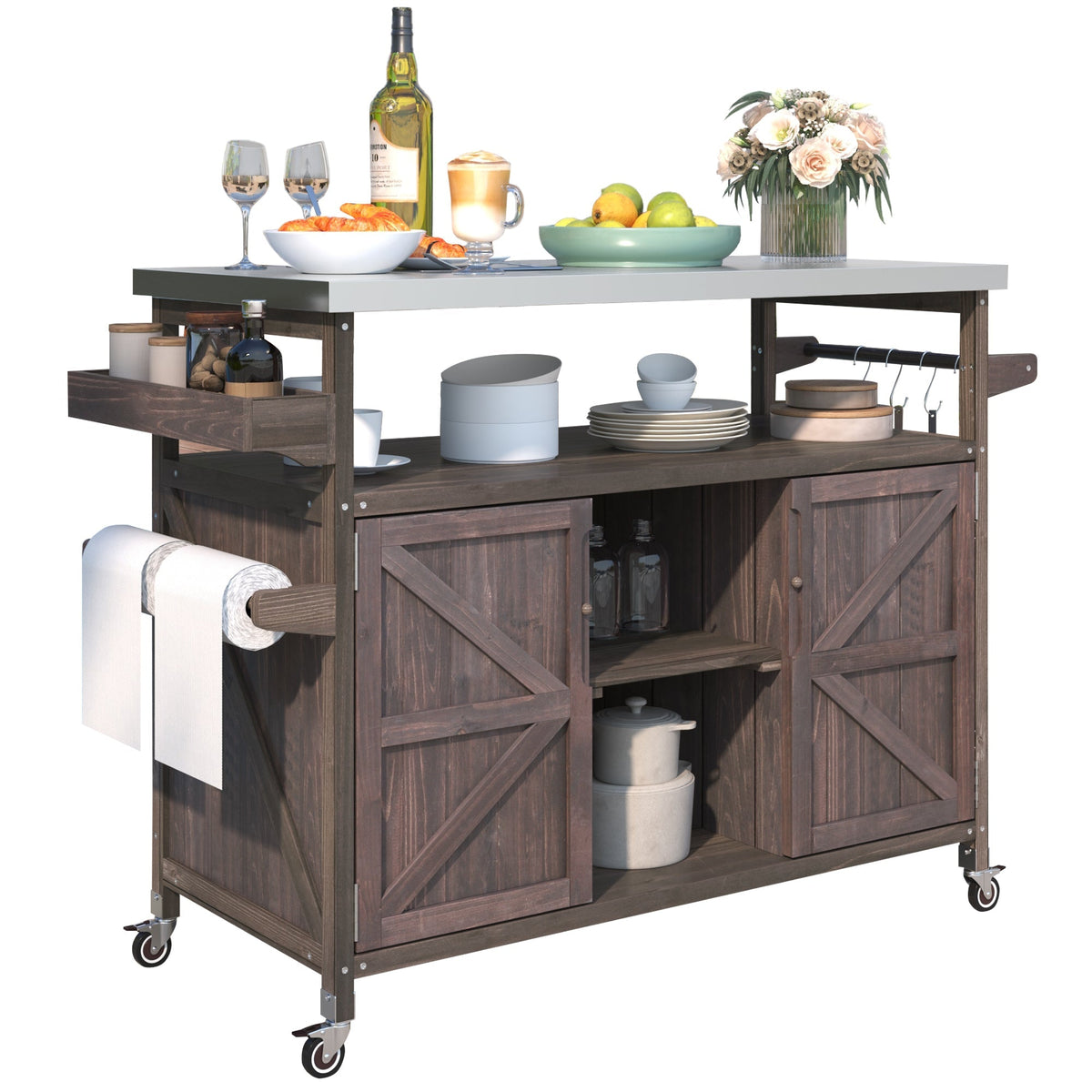 K&K Outdoor Kitchen Island, Rolling Bar Cart & Storage Cabinet