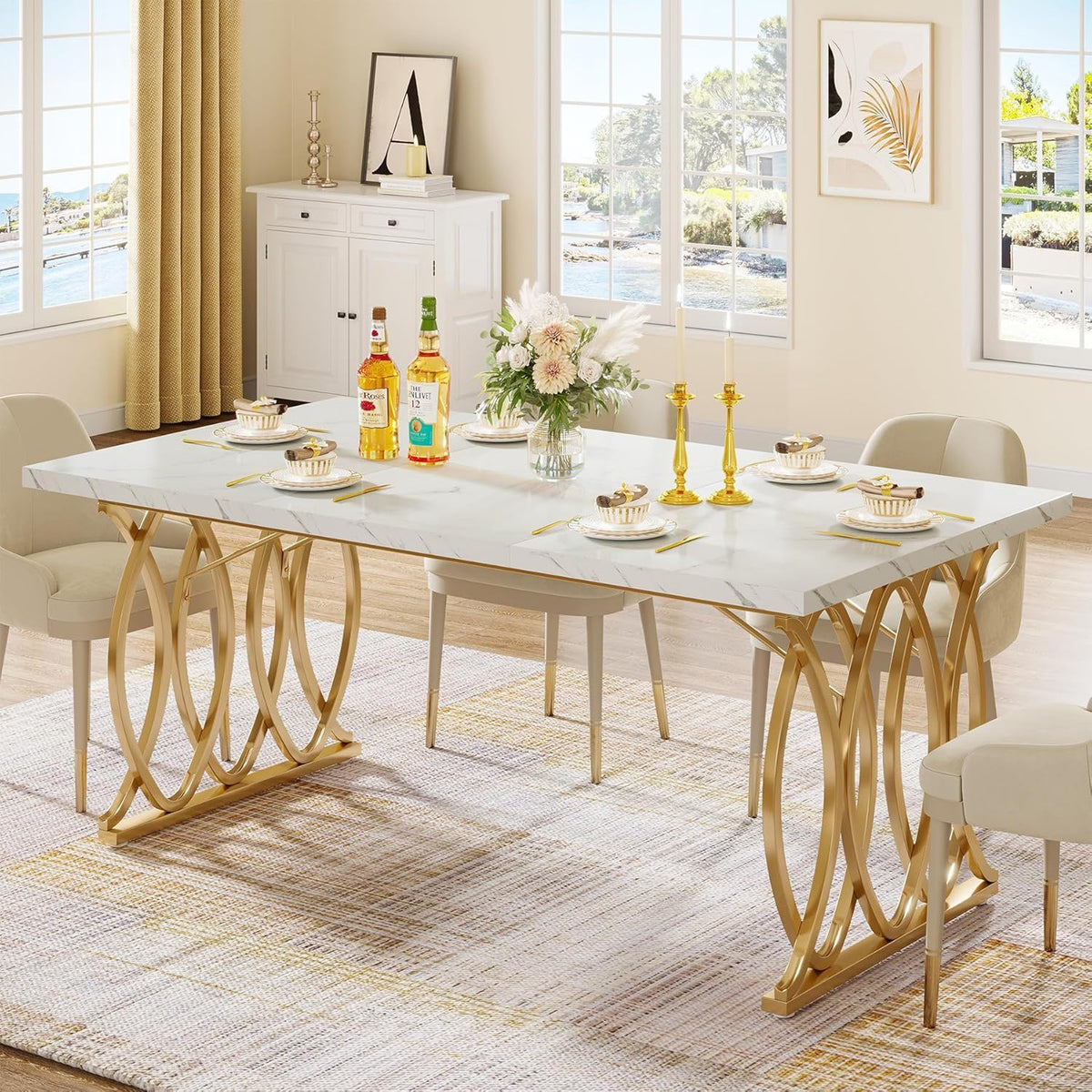 Large Rectangular Dining Table Kitchen Table With Geometric Legs - White / Gold