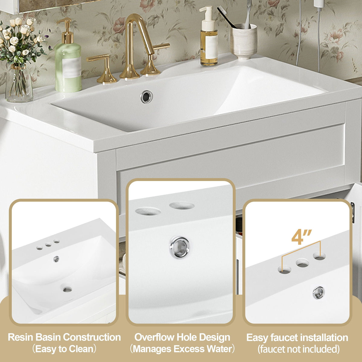 Bathroom Vanity With 2 Doors, 2 Drawers, Adjustable Shelf, Hidden Slides & Soft Close Hinges