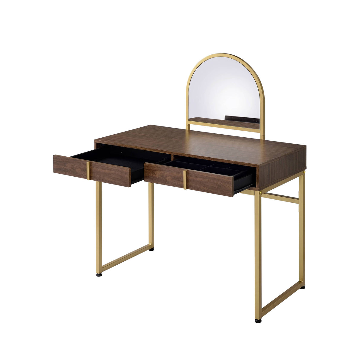 Coleen Walnut & Gold Finish Vanity Desk with Mirror & Jewelry Tray