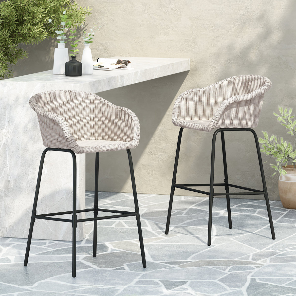 Ladd Outdoor Metal Wicker Barstool Set of 2 - Light Gray