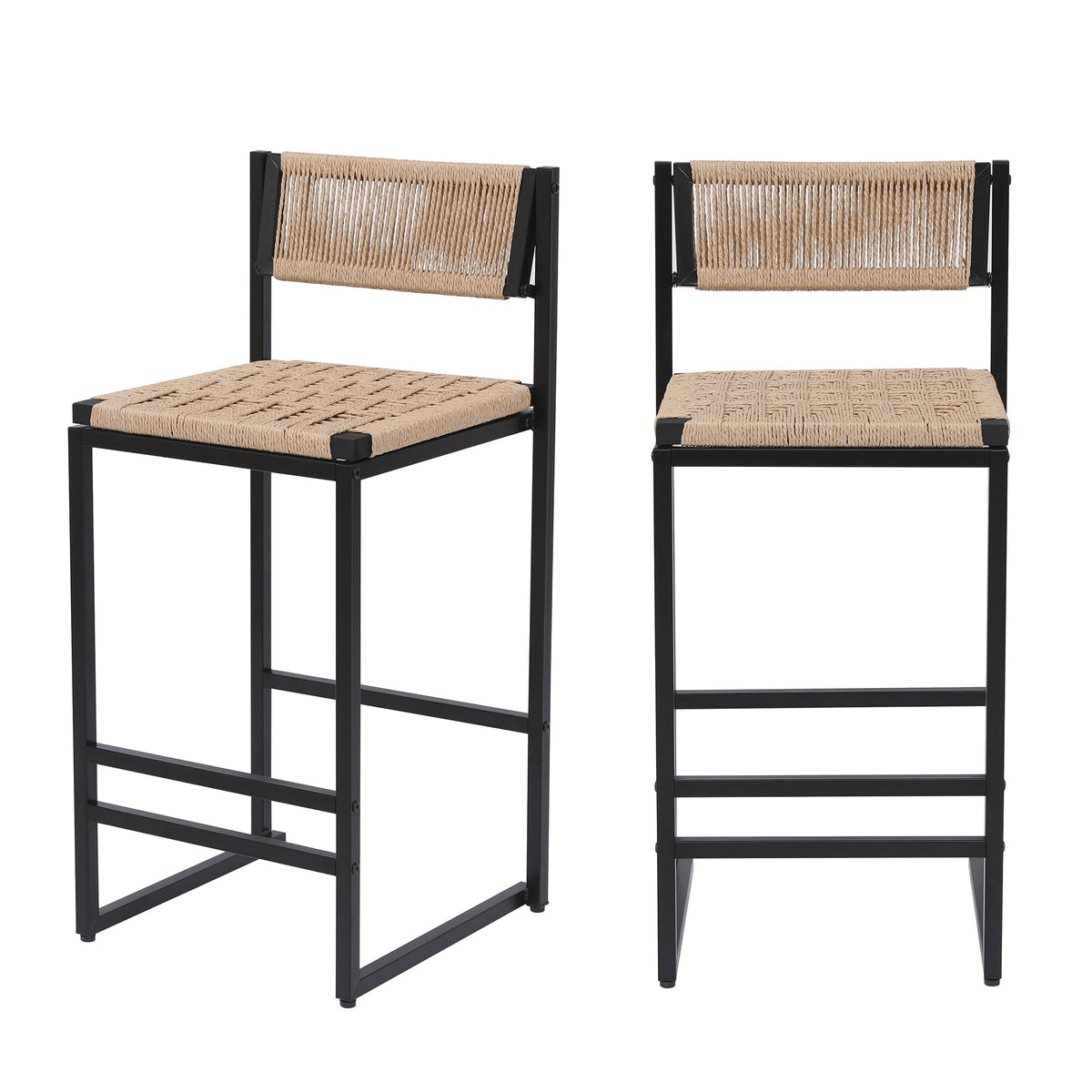 Kitchen Bar Stools with Footrest Set of 2 Paper Rope Weave Dining Chairs