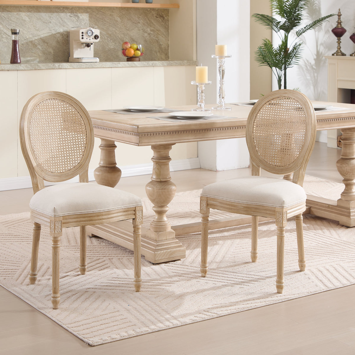 French Country Dining Chairs Set of 2 Upholstered with Rattan Back